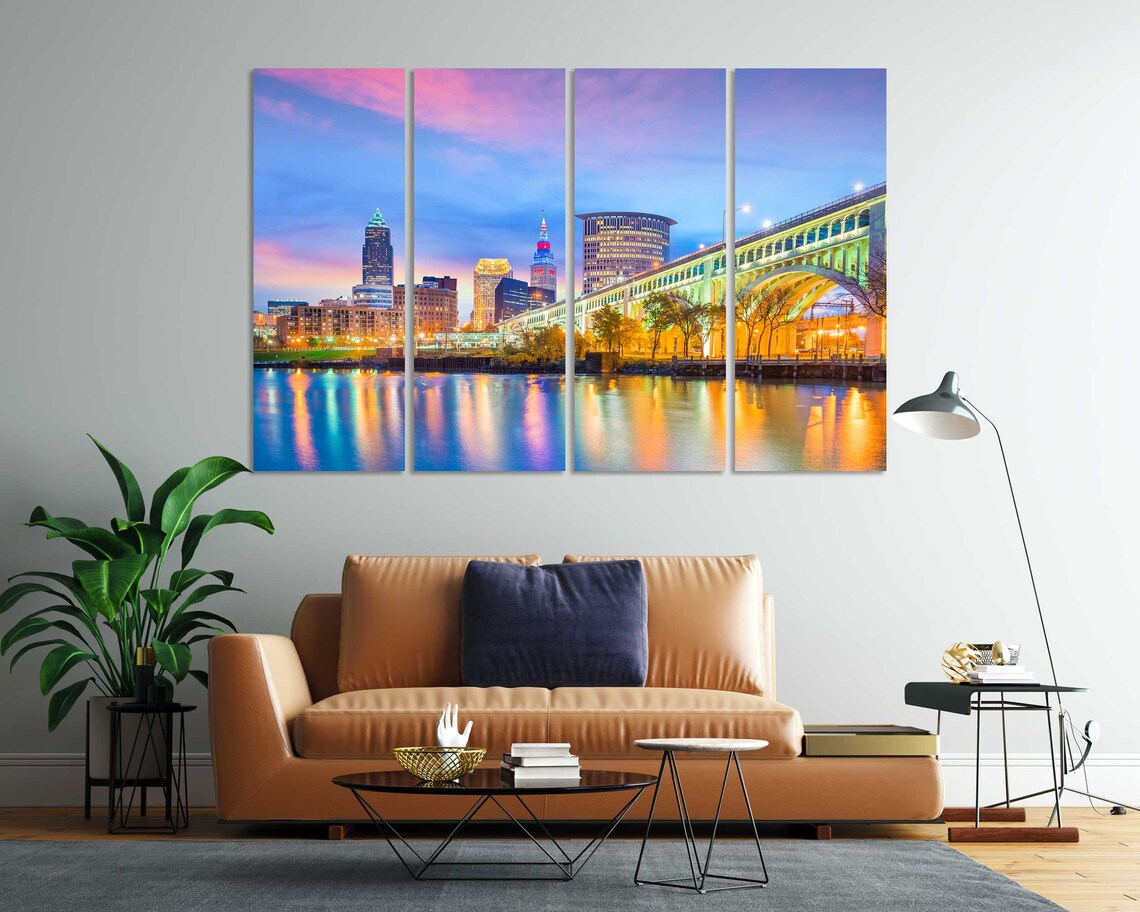 Cleveland Ohio Skyline Sunset Bridge Lights Triptych City View Poster - Image 7