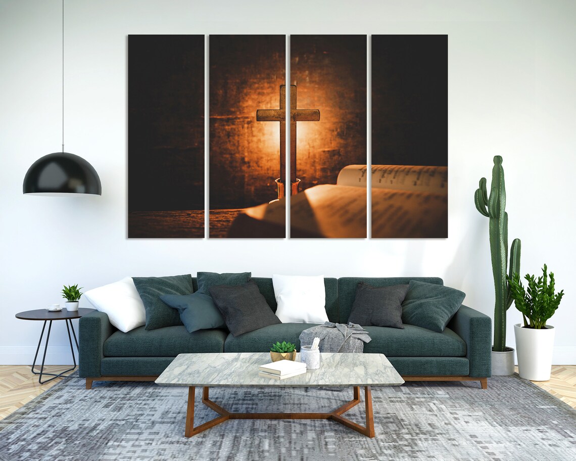 Wooden Cross Standing On Open Bible Warm Candlelight Glow Spiritual Poster - Image 2