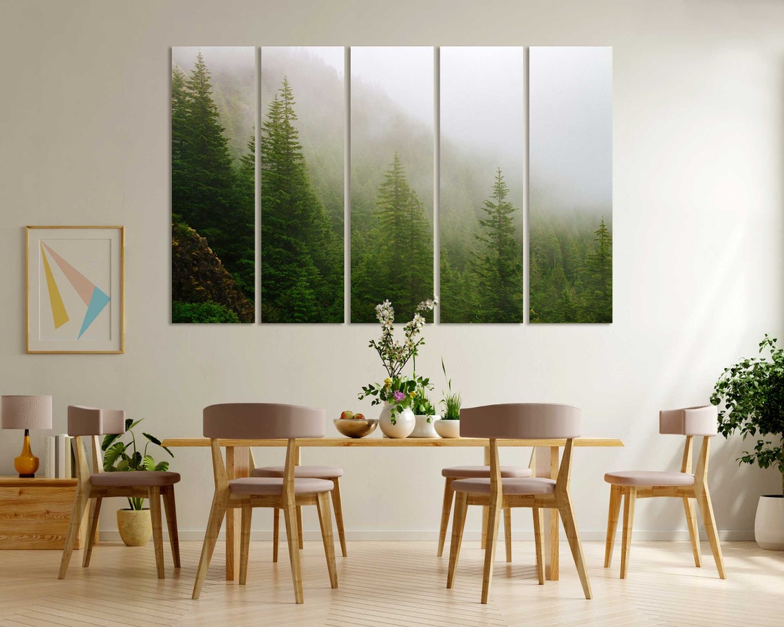 Foggy Green Pine Forest Mountains Mist Three Panel Nature Poster - Image 6