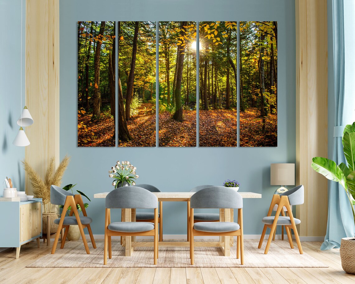 Sunlit Autumn Forest with Golden Leaves Carpet Woodland View Poster - Image 3
