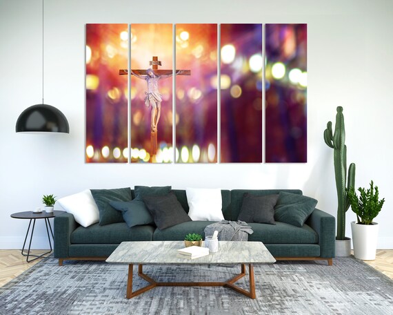 Jesus Christ on the Cross in Church Warm Bokeh Christian Art Poster