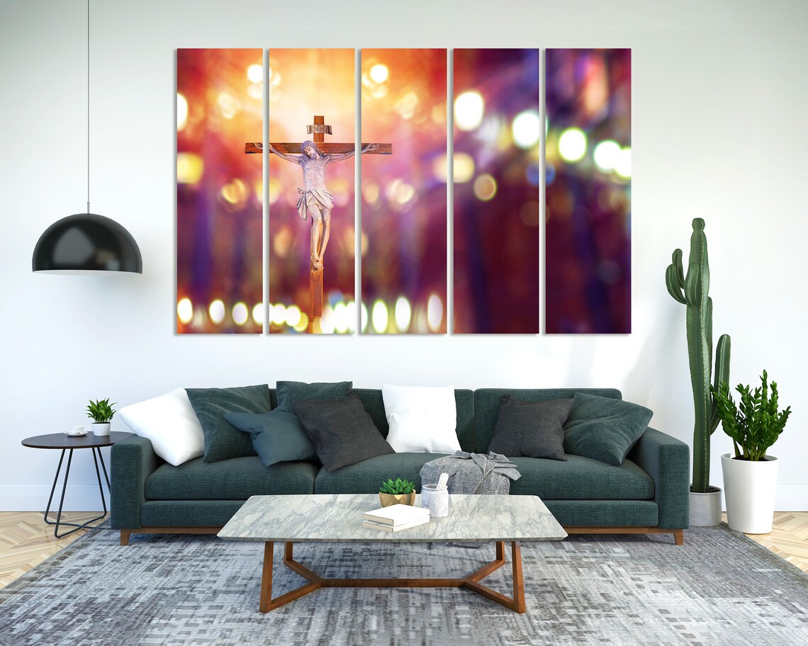 Jesus Christ on the Cross in Church Warm Bokeh Christian Art Poster