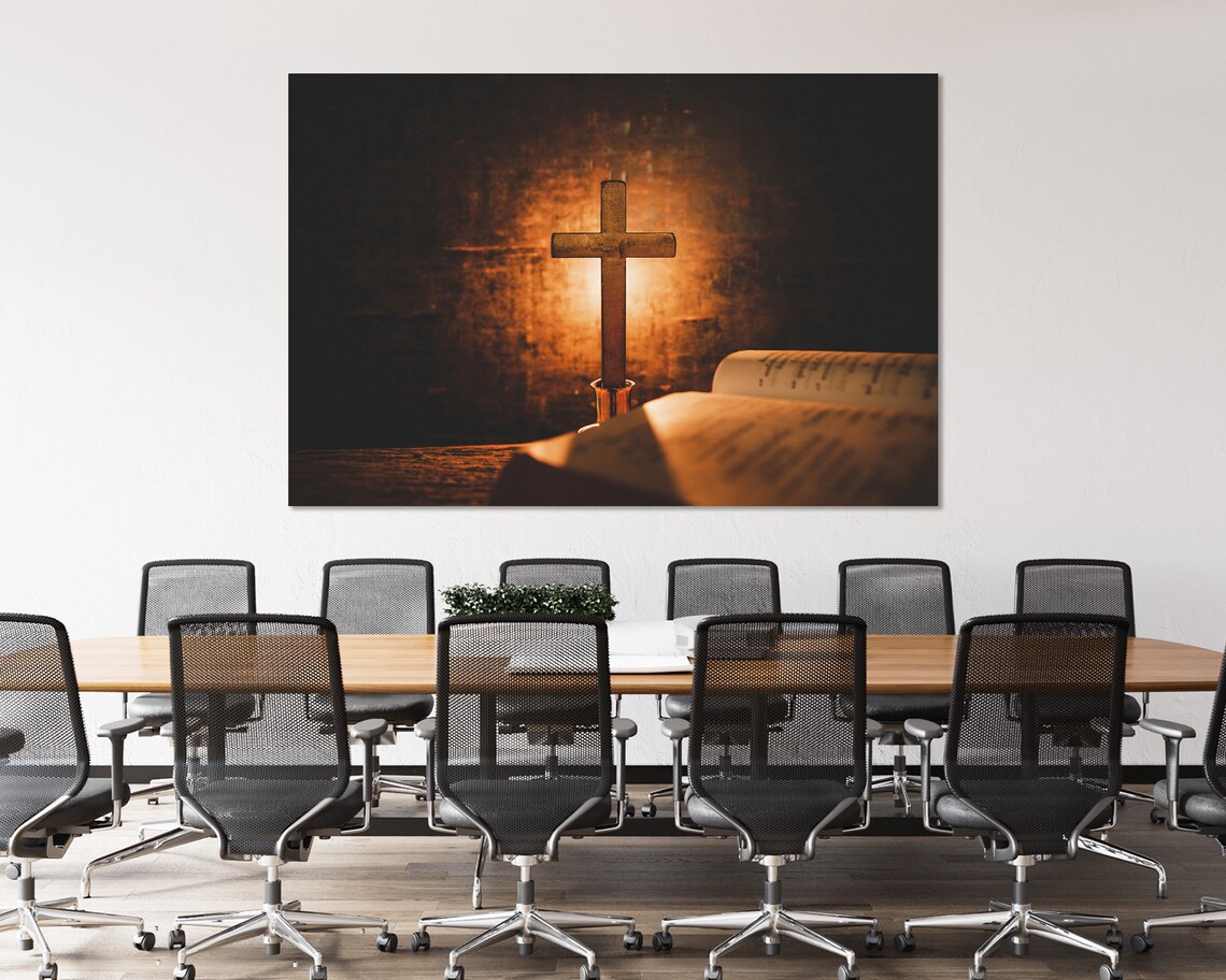 Wooden Cross Standing On Open Bible Warm Candlelight Glow Spiritual Poster - Image 4