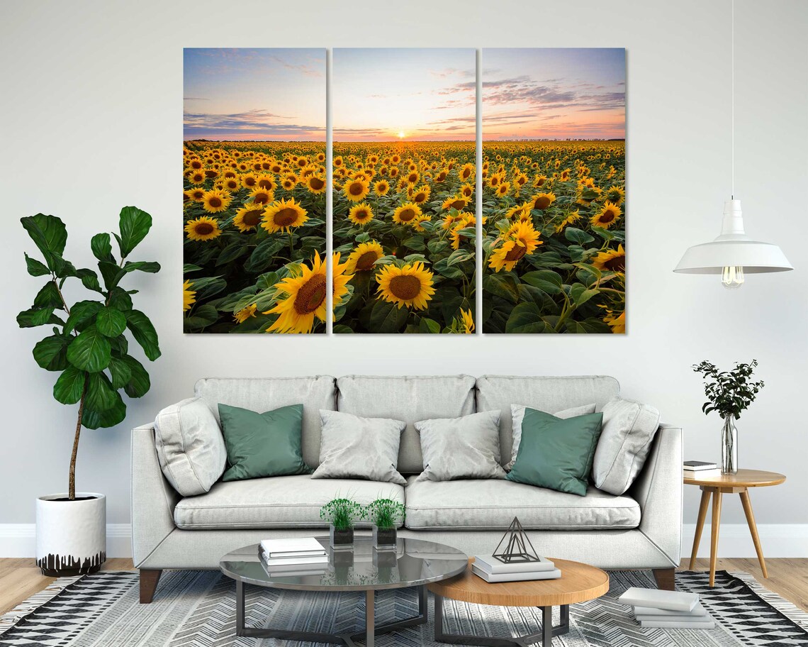 Sunflower Field at Sunset Golden Blooms Horizon 3 Panel Wall Art - Image 6