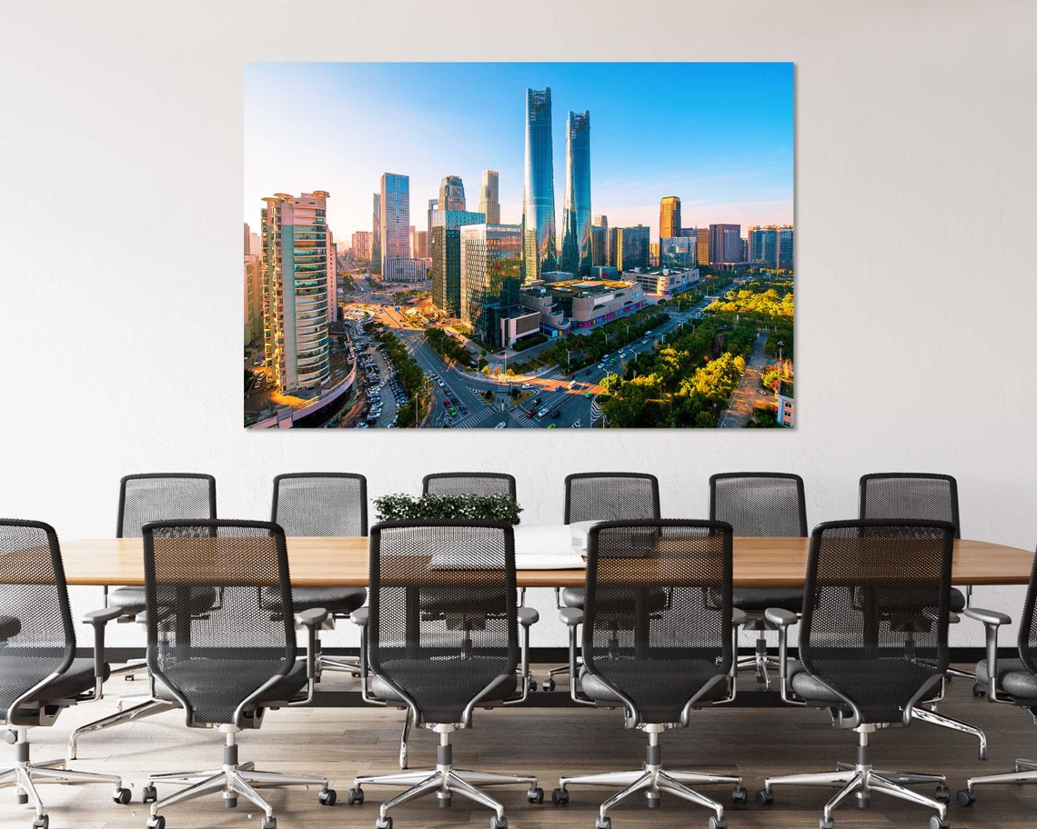 Modern Twin Towers Downtown Skyline Golden Sunset 3 Panel Wall Art - Image 3
