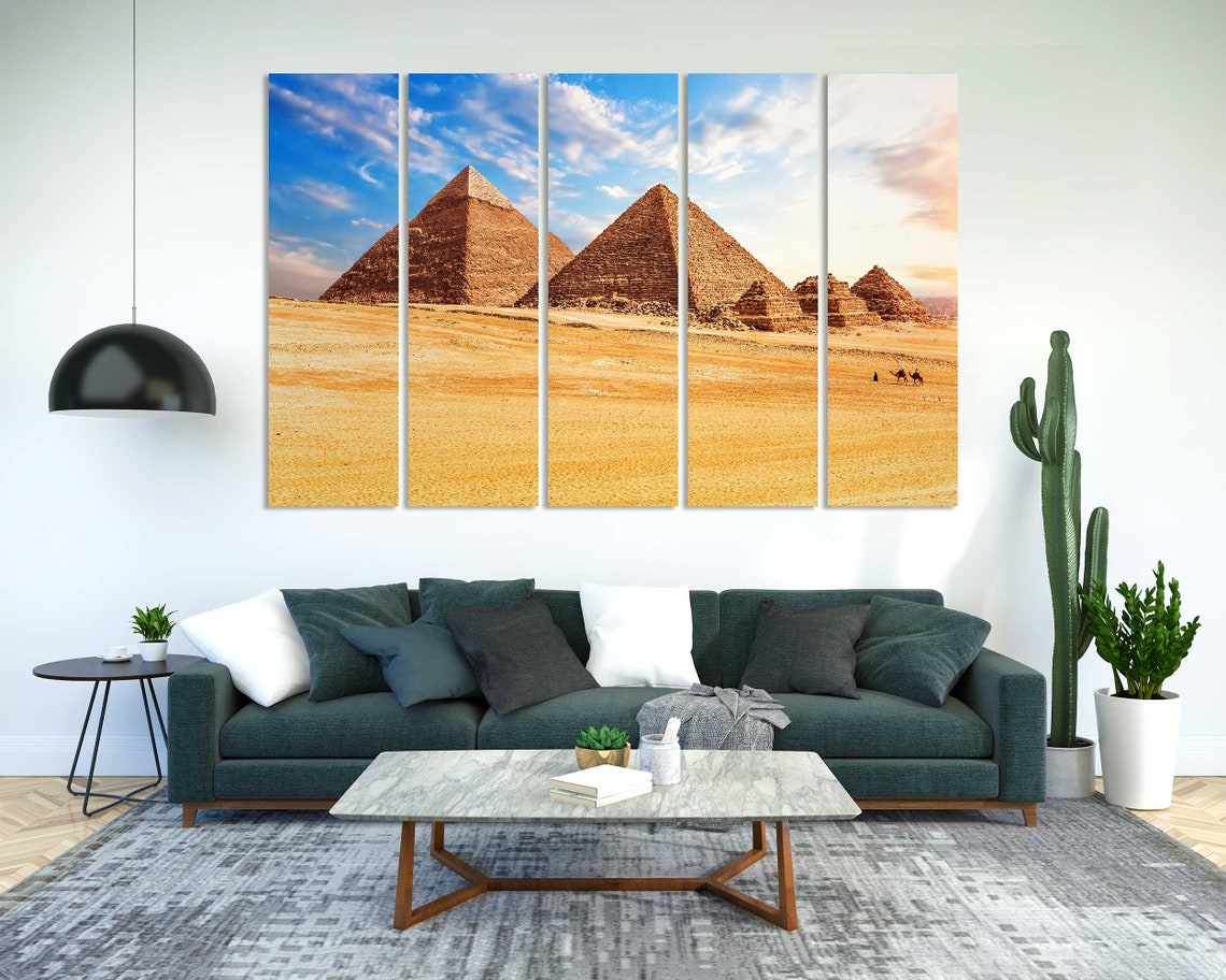 Giza Pyramids Egypt Desert Camels Blue Sky Golden Travel Poster - Image 2
