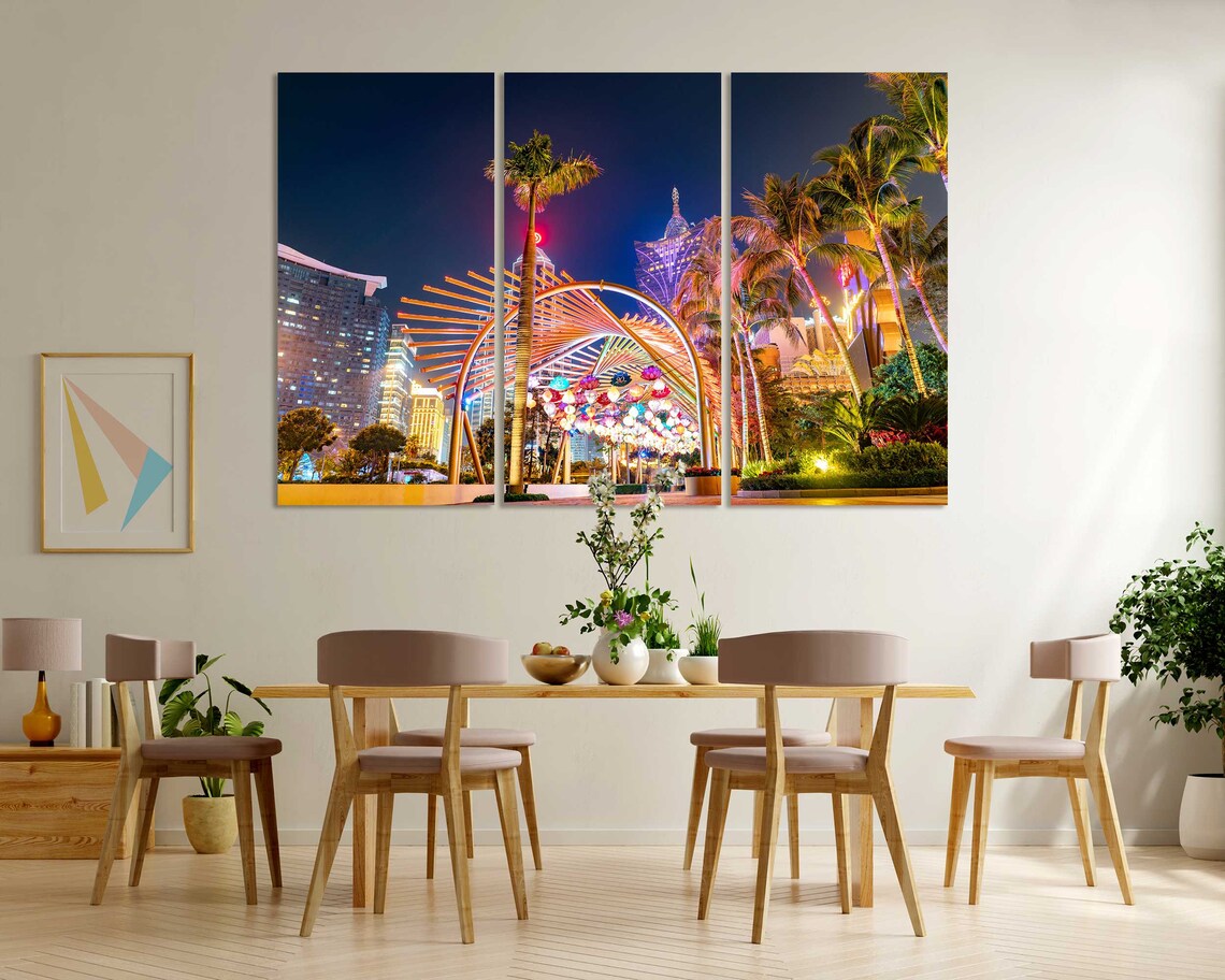 Macau Night Scene with Palm Trees Lit Archway Casino Lights Poster - Image 8