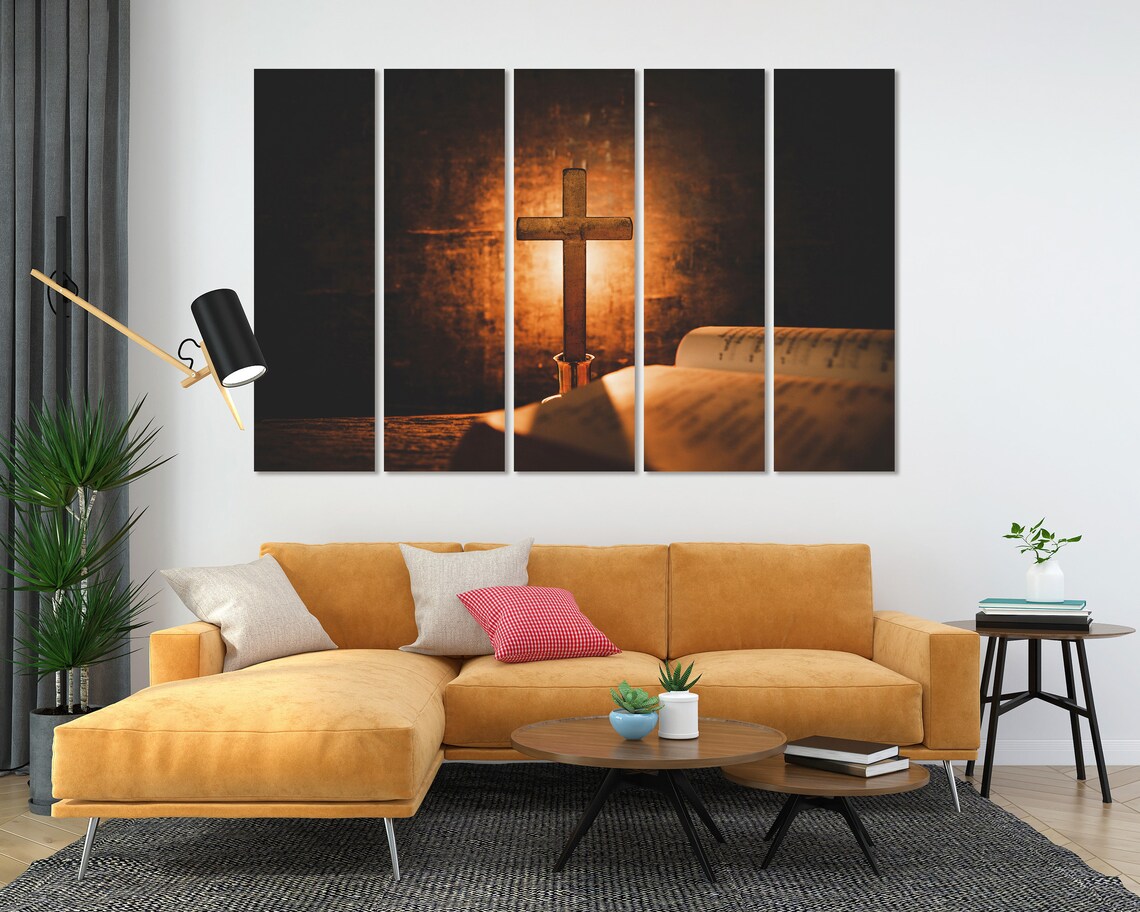 Wooden Cross Standing On Open Bible Warm Candlelight Glow Spiritual Poster - Image 5