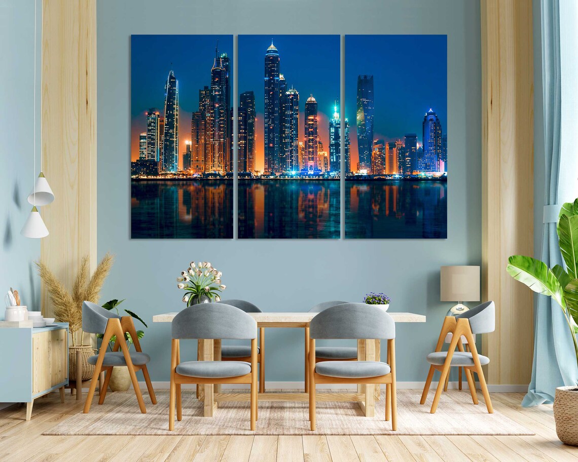 Dubai Marina Skyscrapers Night Lights Water Reflections City Poster - Image 3
