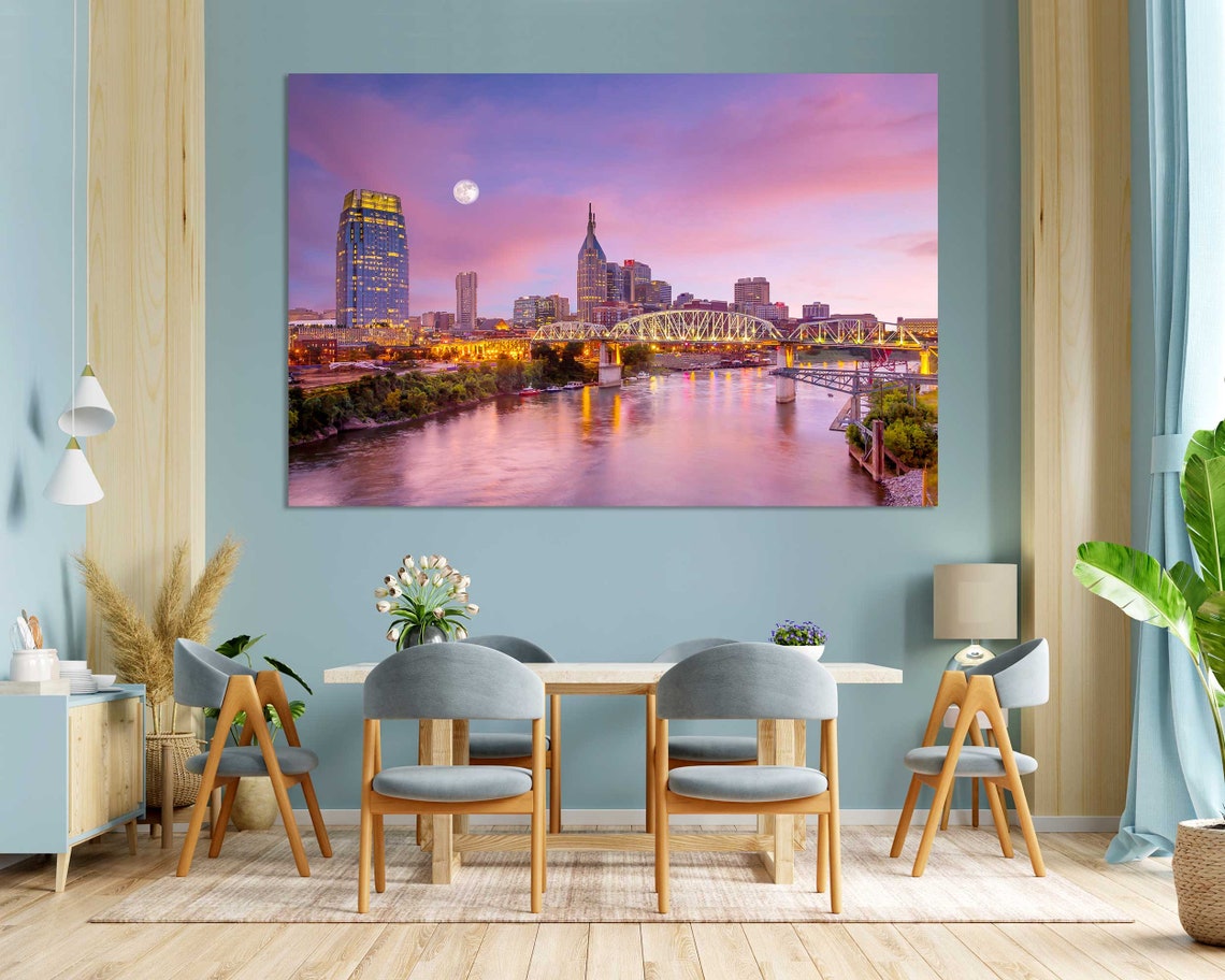 Nashville Skyline Evening with Full Moon Over River Bridges Poster - Image 3