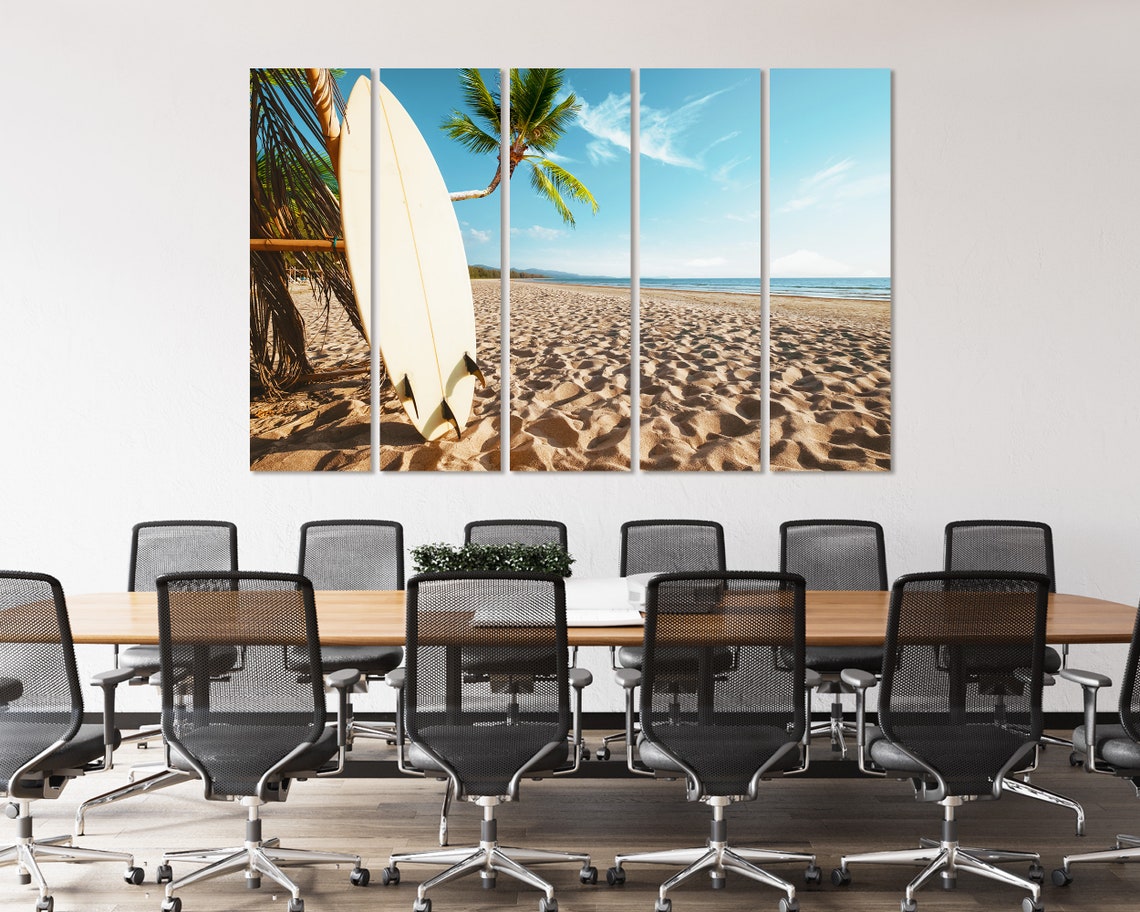 Surfboard on Sandy Beach Palm Trees Tropical Shore Travel Poster - Image 4