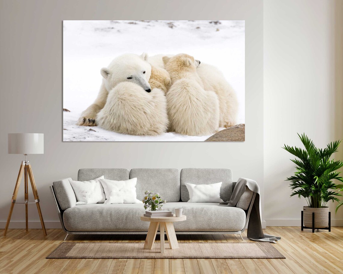 Polar Bear Mother Cuddling Cubs in Snow Arctic Wildlife Art Poster