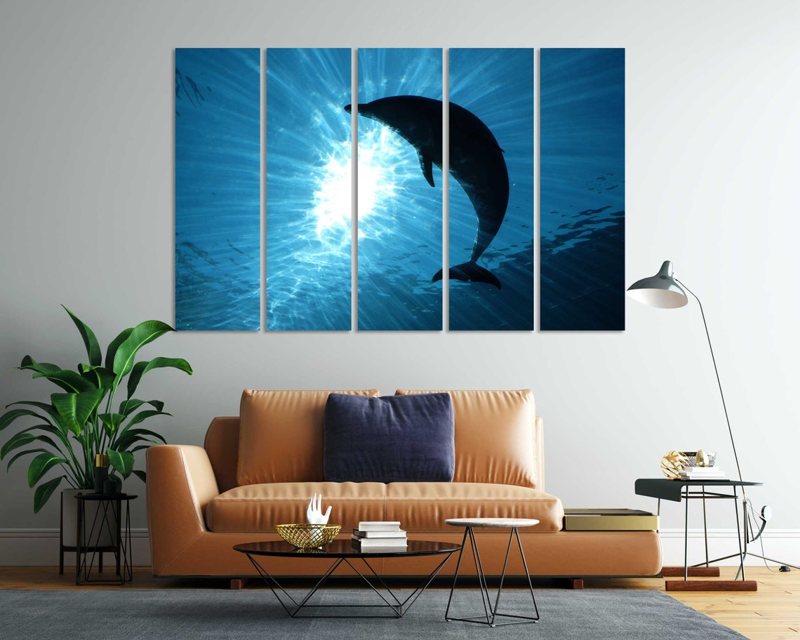 Dolphin Silhouette Leaping Under Sunbeams Ocean Blue Wall Poster - Image 8