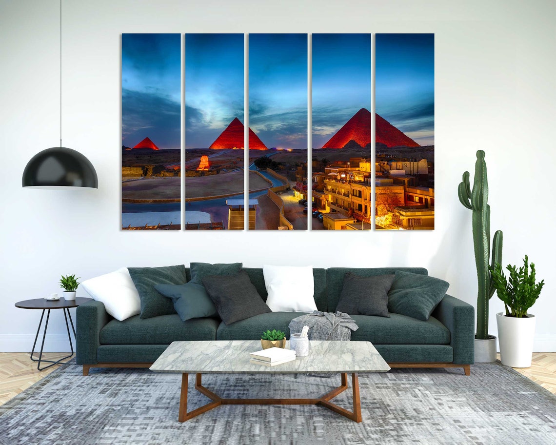 Egypt Pyramids Night Illuminated Giza Four Panel Ancient Poster - Image 2