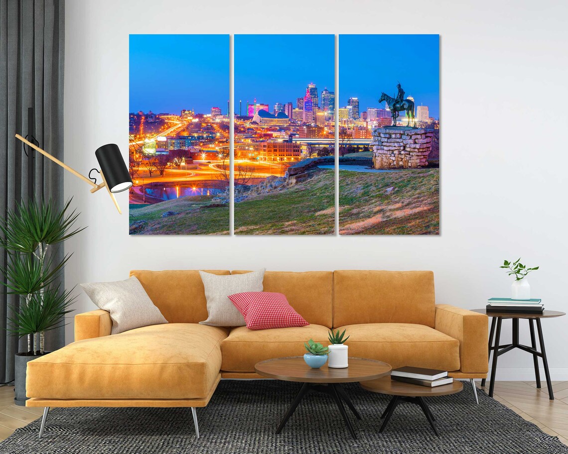 Kansas City Missouri Downtown Skyline Night Lights Scout Statue Poster - Image 5