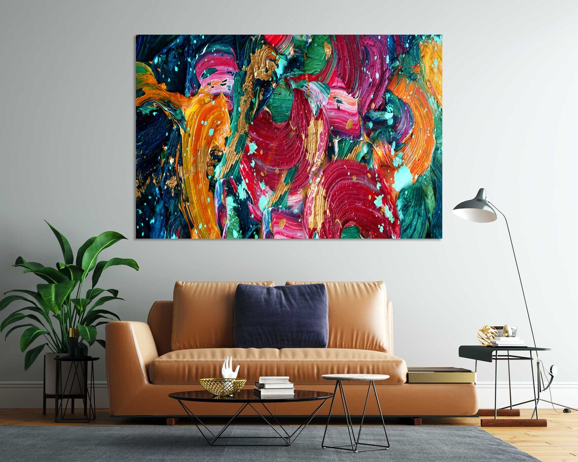 Colorful Abstract Brushstroke Art Magenta Teal Gold Bold Oil Print