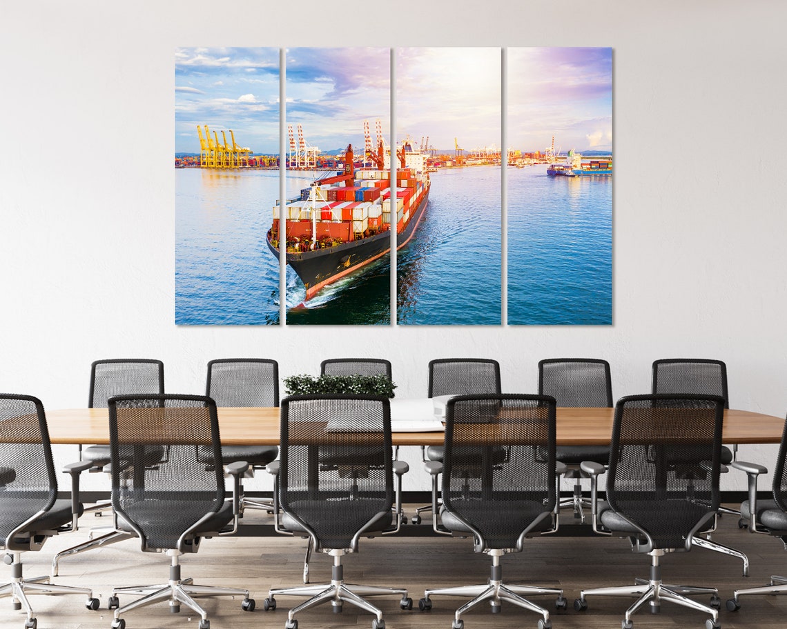Container Cargo Ship Leaving Port Sunset Harbor Three Panel Poster - Image 4