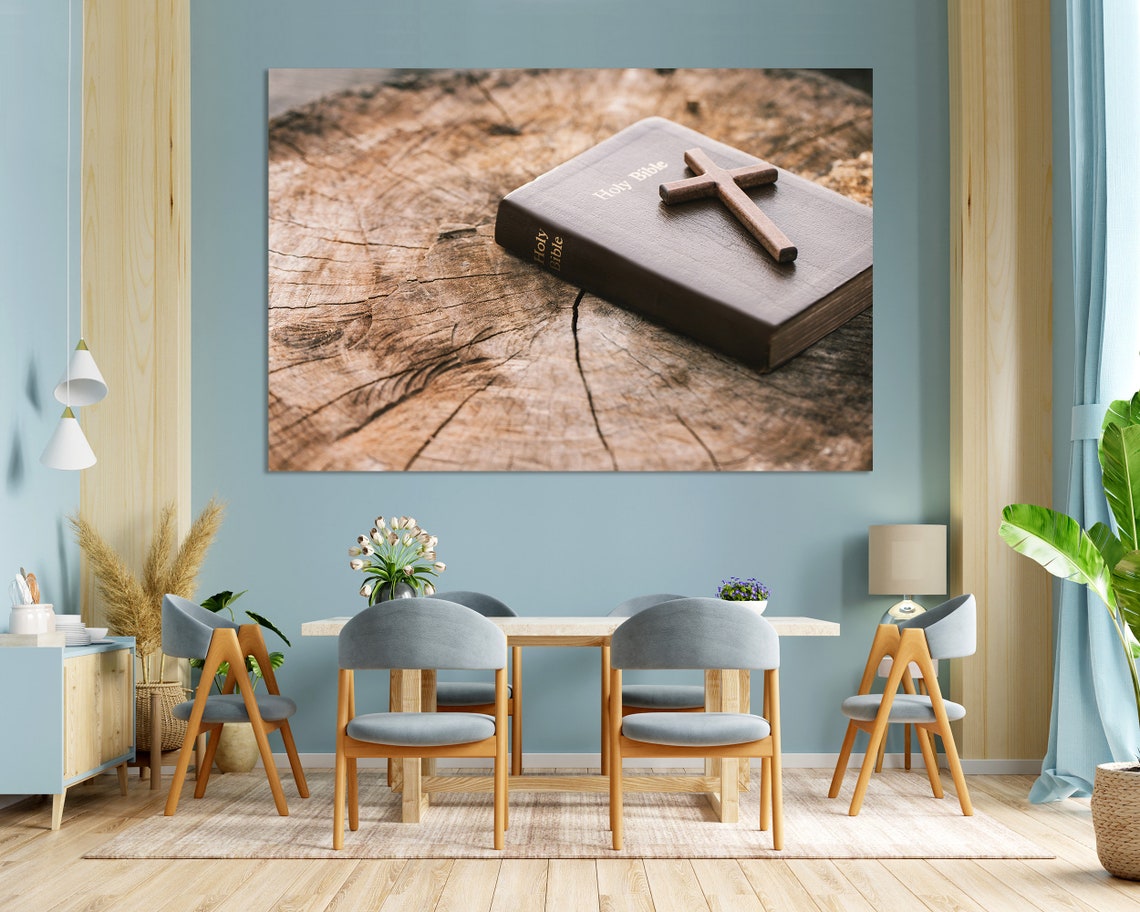 Wooden Cross On Holy Bible Print Art On Bible Painting Art For Gift Wooden Cross Pictures Art On Christian Religion Arts - Image 3