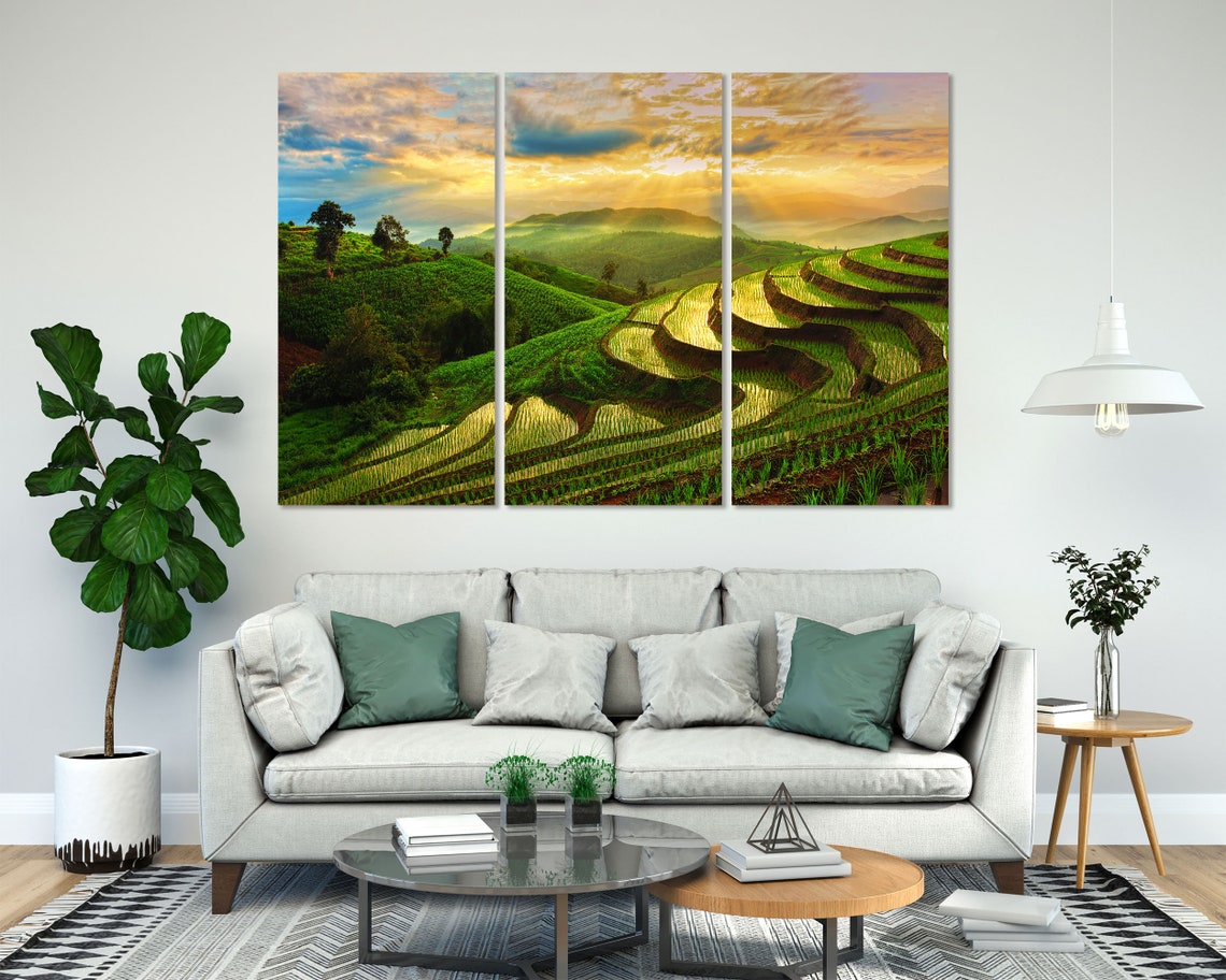 Terraced Rice Fields Sunset Misty Green Hills Golden Light Poster
