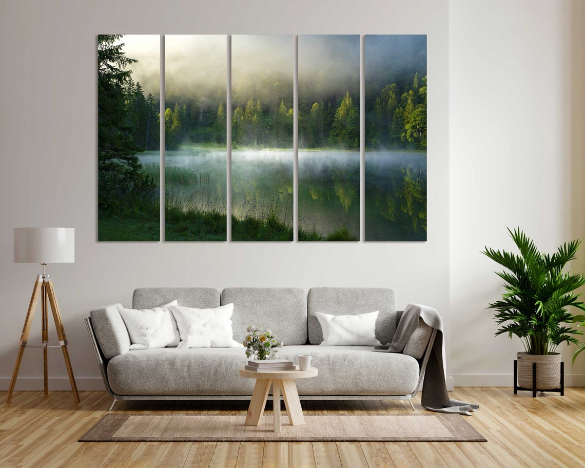 Foggy Morning Lake with Misty Evergreen Forest Reflection View Poster - Image 7