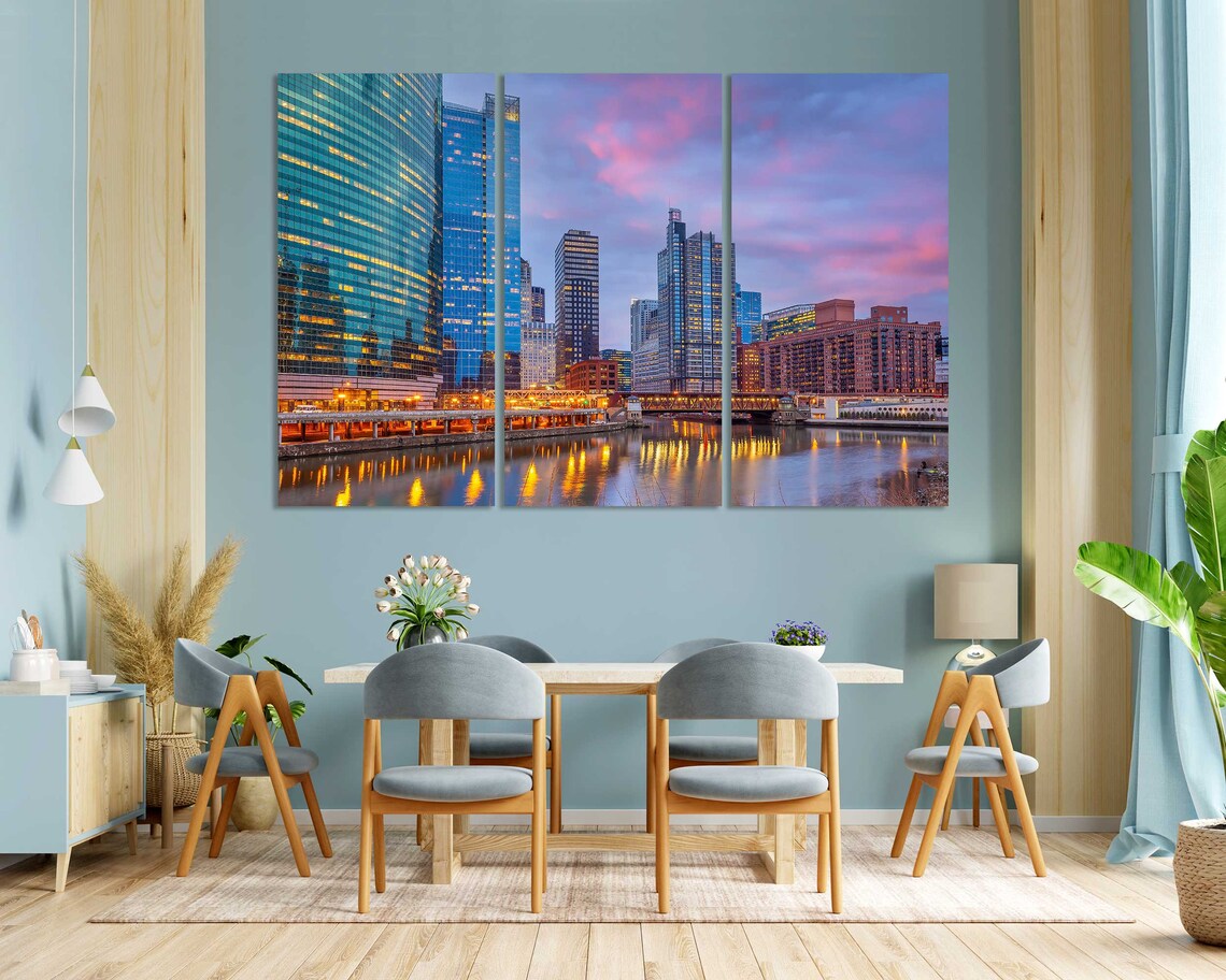 Chicago Downtown River Dusk City Lights Skyline Illinois Travel Poster - Image 4