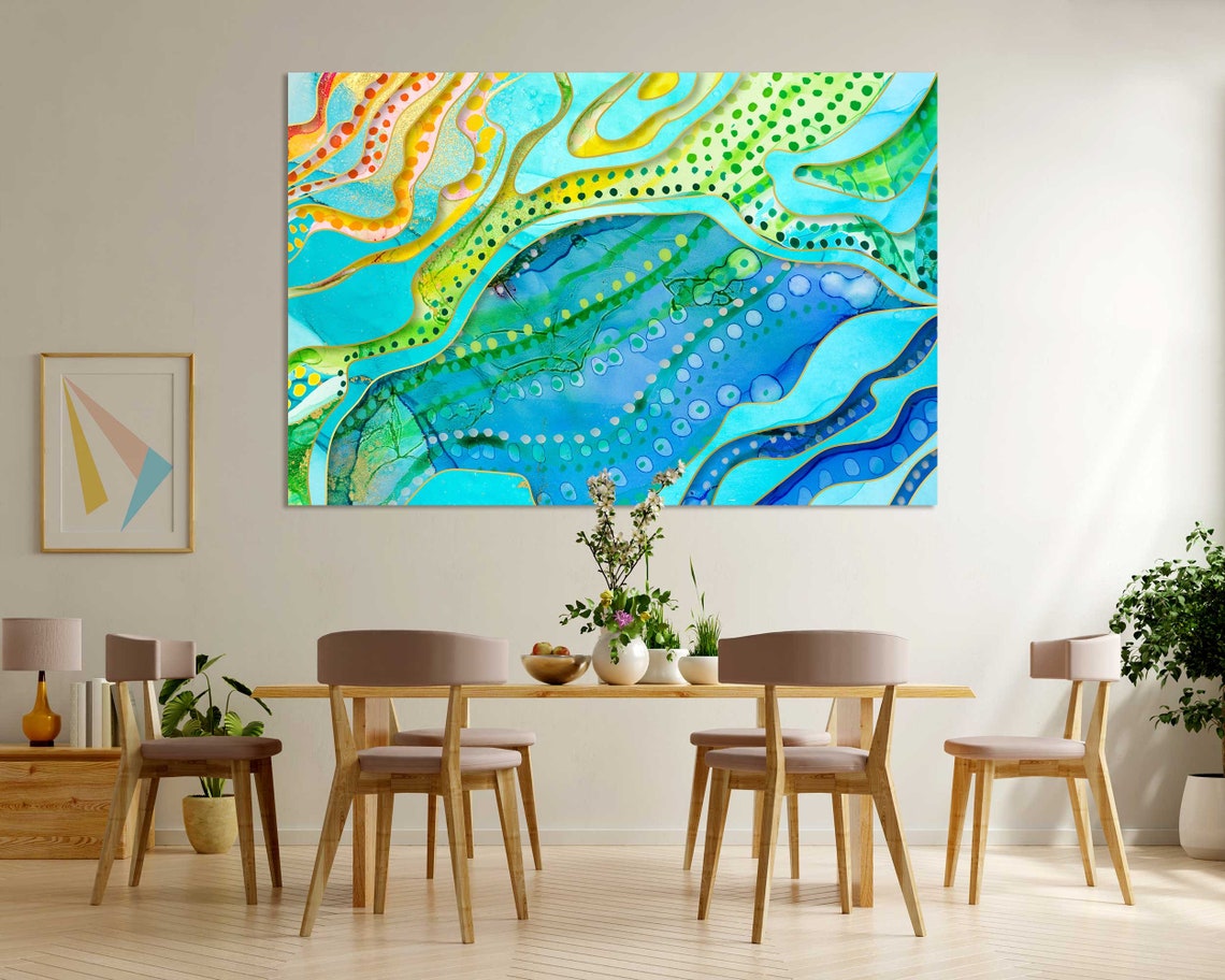 Turquoise Blue Green Yellow Abstract Waves Dotted Flow Art Poster - Image 6