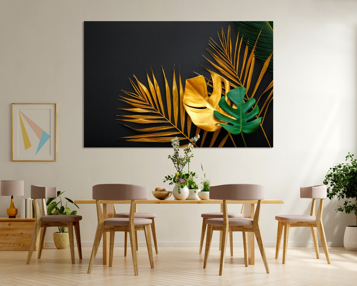 Gold Tropical Palm Leaves Monstera Black Background Botanical Poster