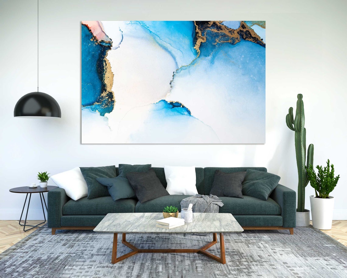 Blue Gold White Marble Watercolor Abstract Modern Luxury Wall Poster - Image 2