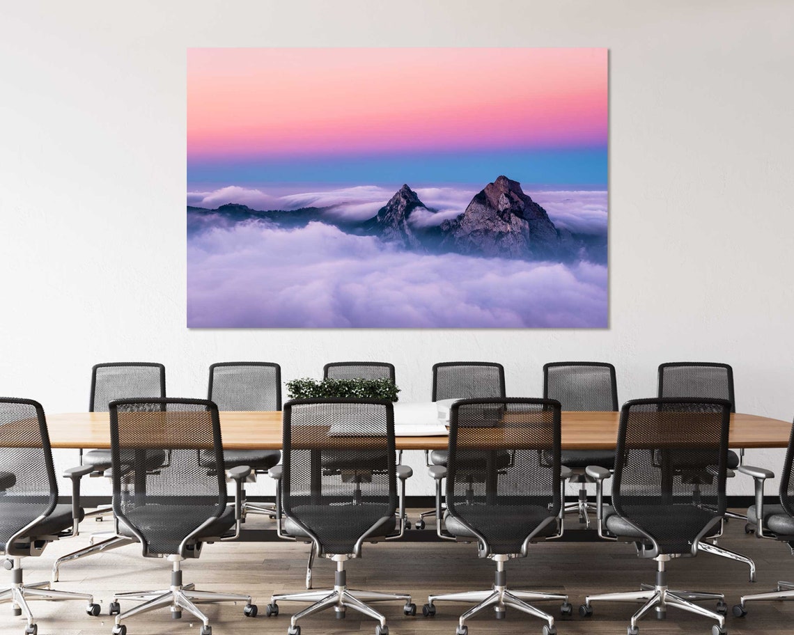 Mountain Peaks Rising Above Clouds at Pink Sunset Sky Landscape Poster - Image 4