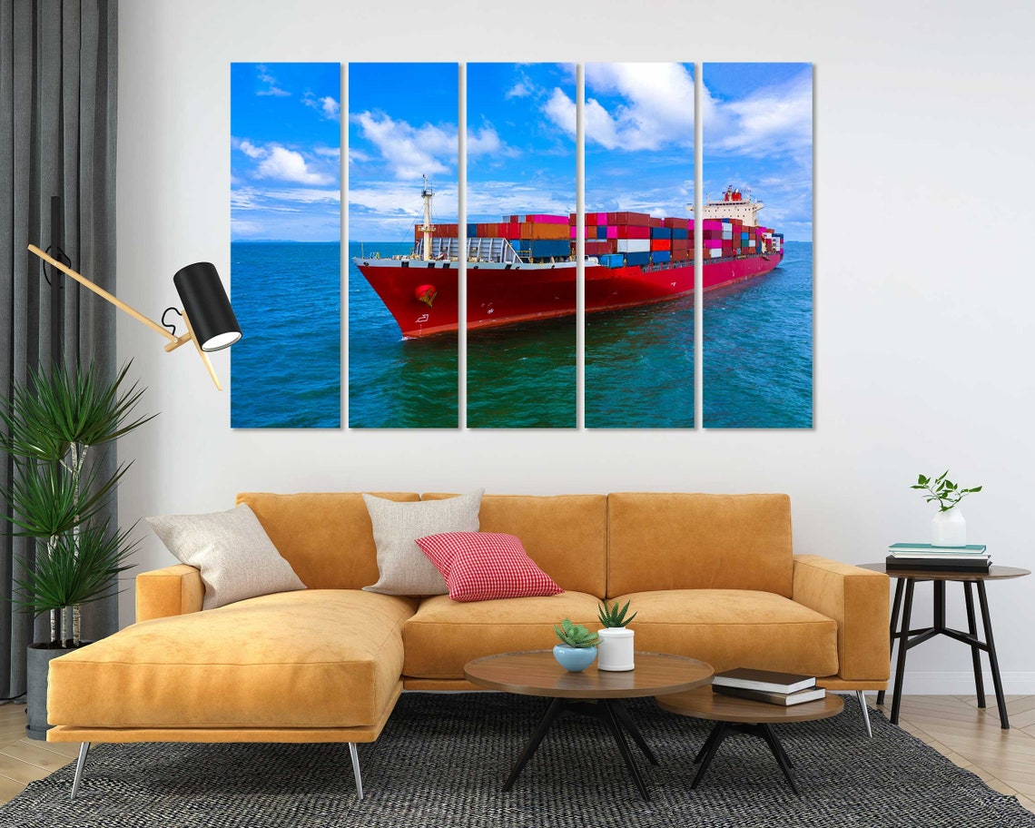 Red Container Cargo Ship Sailing Blue Ocean Quadriptych Sea Art Poster - Image 5