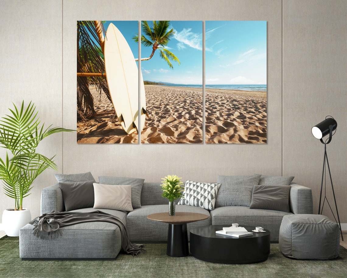 Surfboard on Sandy Beach Palm Trees Tropical Shore Travel Poster - Image 6