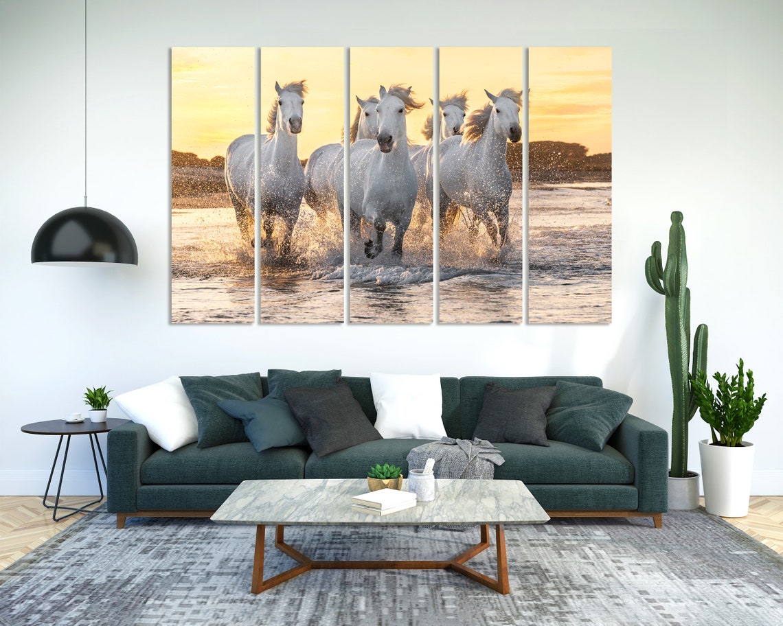 White Horses Galloping Through Water at Golden Sunset Horse Poster - Image 2