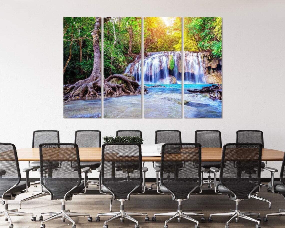 Forest Waterfall With Emerald Pool In Nature Home Decoration Forest River Wall Painting Waterfall Print Sets Green Forest Wall Art - Image 4