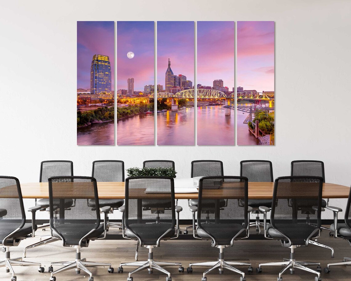 Nashville Skyline Evening with Full Moon Over River Bridges Poster - Image 4