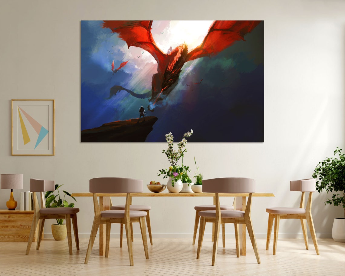 Red Dragon Soaring Sky Fantasy Warrior Cliff Epic Scene Art Poster