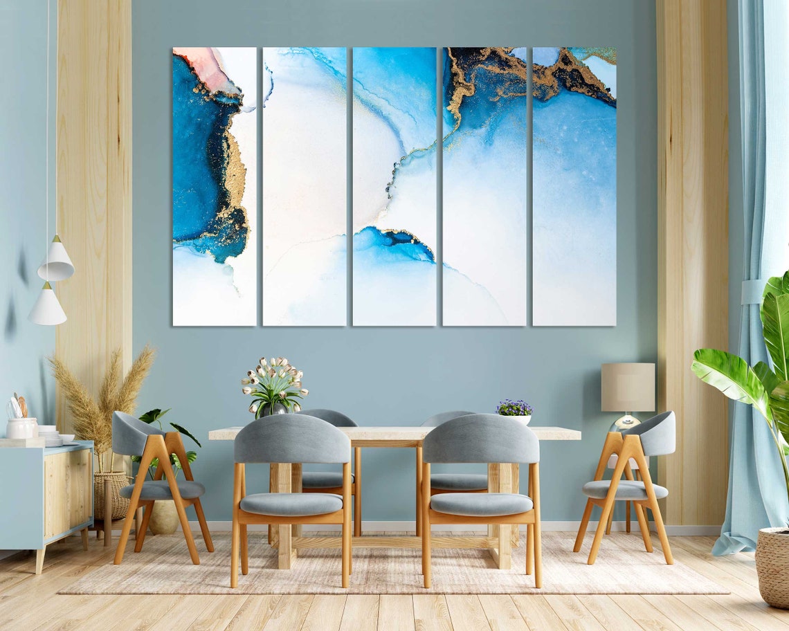 Blue Gold White Marble Watercolor Abstract Modern Luxury Wall Poster - Image 3