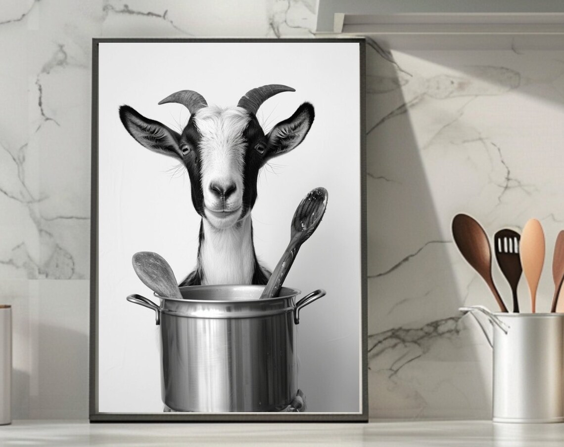 Funny Smiling Goat Peeking Out of a Cooking Pot Kitchen Poster