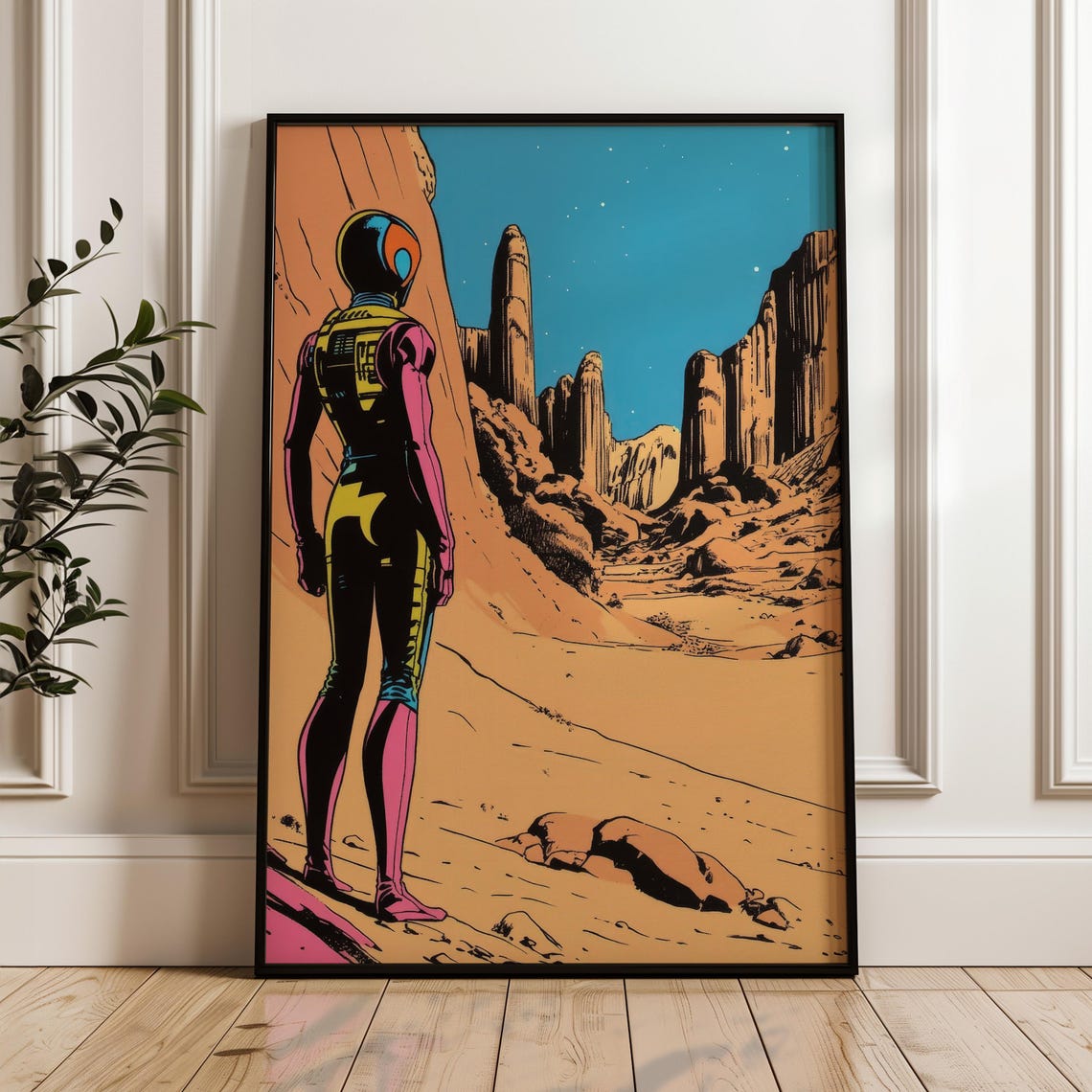 Retro Astronaut Desert Canyon Starry Night Space Comic Art Poster