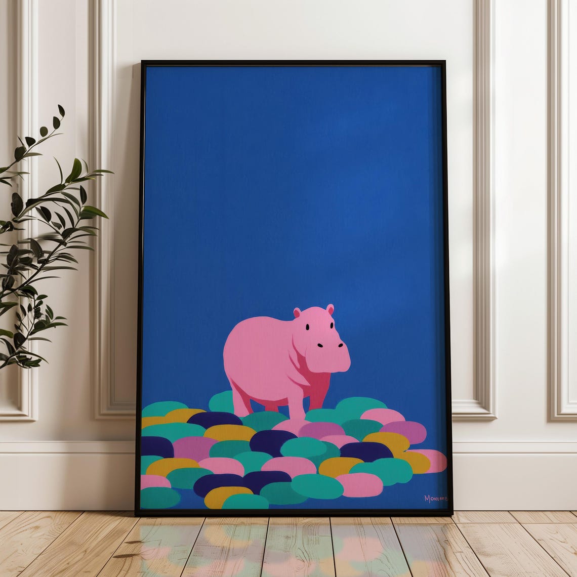 Minimal Hippo Art Print Modern Pop Poster Blue And Pink Wall Decor Playful Home