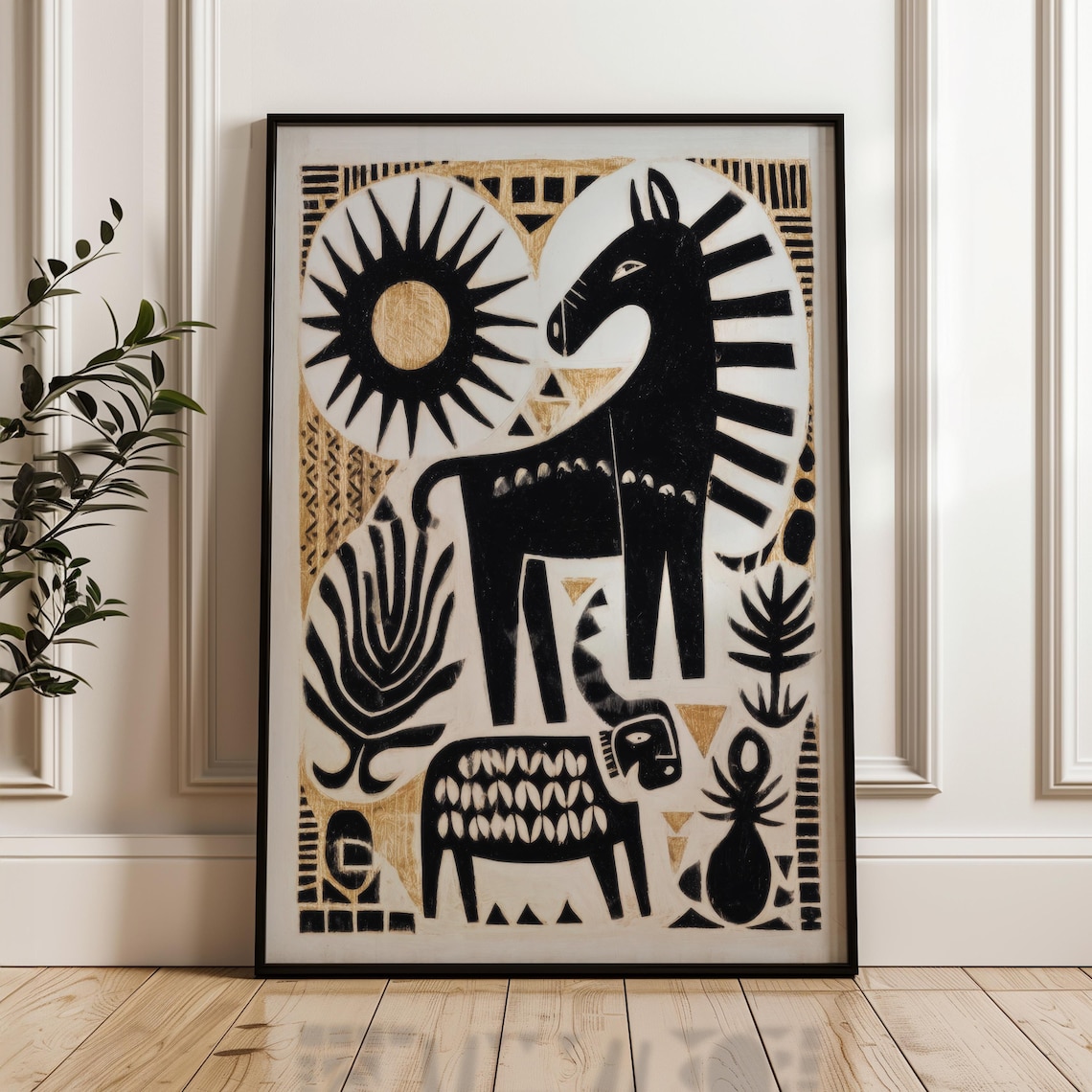 Black Gold Geometric Horse Sun Tribal Folk Abstract Animal Art Poster