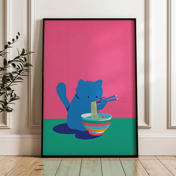 Blue Cat Eating Noodles From Colorful Striped Bowl Pop Art Poster