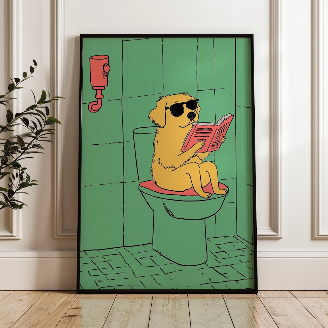Golden Retriever In Sunglasses Reading On The Toilet Funny Poster