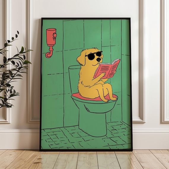 Dog On Toilet Poster Funny Comedy Animal Art Print Wall Decor Bathroom Unique Artsy Comical