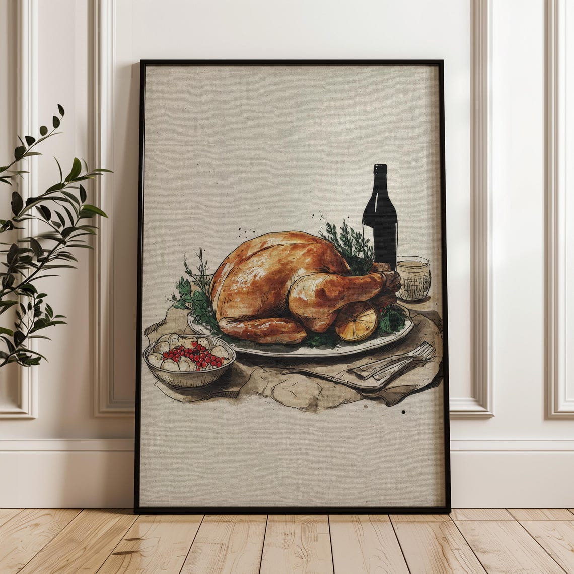 Roasted Chicken Dinner Hand Drawn Kitchen Illustration Art Poster