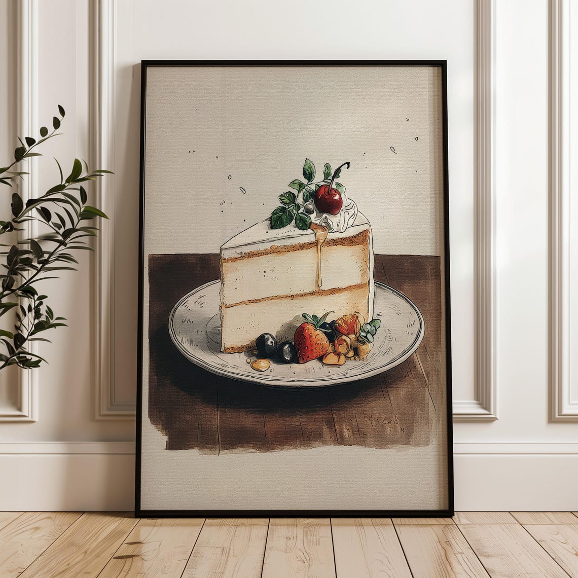 Layered Cake Cherry Berries Hand Drawn Dessert Bakery Poster