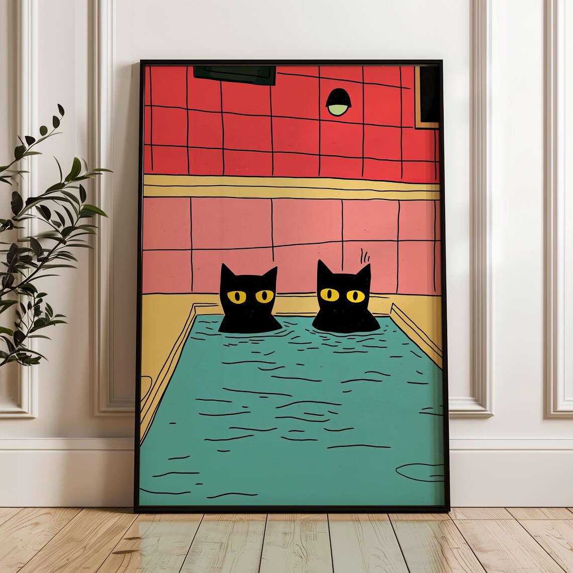 Two Black Cats In A Teal Pool Retro Bathroom Funny Art Poster