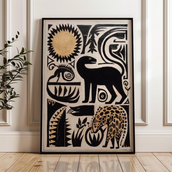 Traditional Mexican Animal Poster Black And Gold Abstract Geometric Folk Art Print
