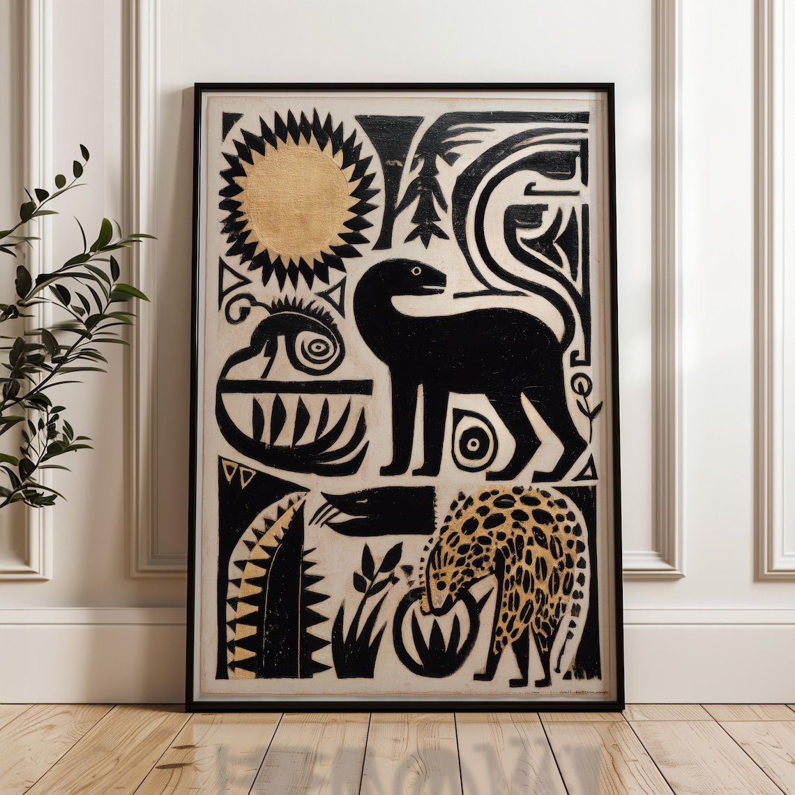 Black Gold Jungle Animals Panther Jaguar Tribal Folk Collage Poster
