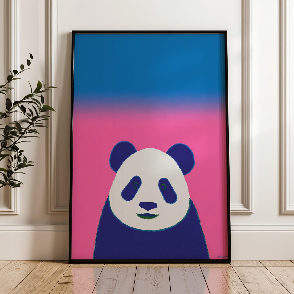 Minimal Panda Art Print Modern Pop Poster Blue And Pink Wall Decor Playful Home