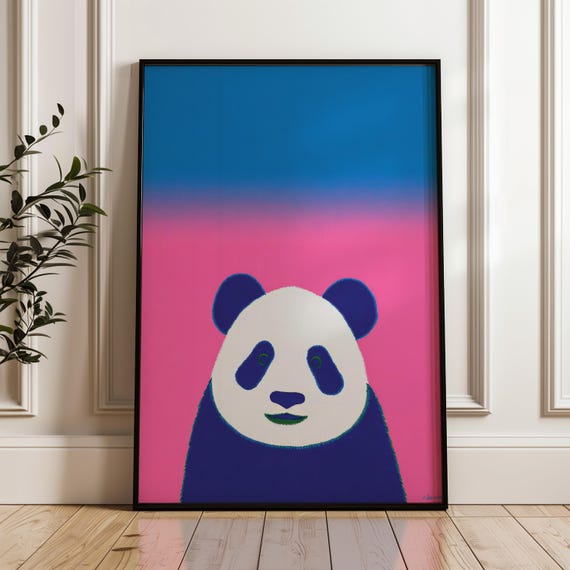 Minimal Panda Art Print Modern Pop Poster Blue And Pink Wall Decor Playful Home